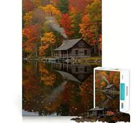 1000 Piece Jigsaw Autumn Cabin by Lake Reflection Precise Cut Art Brain Teaser Gift Leisure Time Fun Christmas Wall Art (38x26cm)