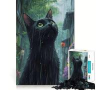 1000 Piece Jigsaw Black Cat Rainy Tight Fit Piece, Focus Fun Game, Cozy Fun Time, Christmas Art Display (50x75cm)