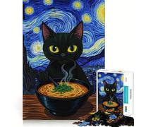 1000 Piece Jigsaw Black Cat Ramen Starry Night Painting Tight Fit Piece, Focus Fun Game, Cozy Fun Time, Christmas Art Display (38x52cm)