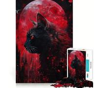 1000 Piece Jigsaw Black Cat Under Blood Moon Tight Fit Piece, Focus Fun Game, Cozy Fun Time, Christmas Art Display (50x75cm)