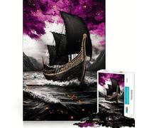 1000 Piece Jigsaw Black Viking Ship on Stormy Sea Sharp Joint Play, Focus Building Toy, Quiet Play Game, Birthday Fun Play (38x52cm)