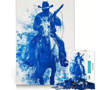 1000 Piece Jigsaw Blue Cowboy on Horseback Tight Fit Piece, Focus Fun Game, Cozy Fun Time, Christmas Art Display (50x75cm)