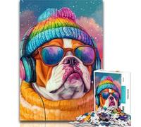 1000 Piece Jigsaw Bulldog Listening to Music Jigsaw Puzzles for Teenagers 1000 Pieces,Relax Games Is Ideal As A Gift for The Whole Family 26x38cm