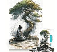 1000 Piece Jigsaw Cat Samurai Meditating Under A Bonsai Tree Premium Cut Play Creative Brain Game Peace Fun Time Christmas Wall Art (50x75cm)
