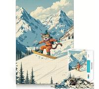 1000 Piece Jigsaw Cat Snowboarding in The Mountains Premium Cut Play Creative Brain Game Peace Fun Time Christmas Wall Art (38x26cm)