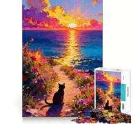 1000 Piece Jigsaw Cat Watching Sunset by The Sea Smooth Edge Play Creative Game Toy Cozy Time Play Birthday Fun Gift (38x52cm)