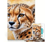 1000 Piece Jigsaw Cheetah Portrait with Golden Background Premium Cut Play Creative Brain Game Peace Fun Time Christmas Wall Art (50x75cm)
