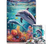 1000 Piece Jigsaw Colorful Art Dolphin 1000 Piece Jigsaw Puzzles for Adults & Teens,with Matching Poster And Trivia Sheet for Age 14 26x38cm