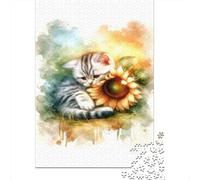 1000 Piece Jigsaw, Kitten with Sunflower Watercolor Print, Festive Gift, 52x38cm/1000pcs