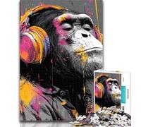1000 Piece Jigsaw Monkey with Headphones Puzzles for Adults And Teenagers,Stress Reliever Difficult Challenge Enhance Love between Couples 50x75cm