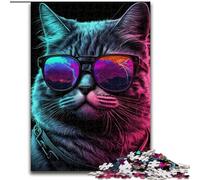 1000 Piece Jigsaw Neon Nights Cat cardboard Jigsaw, Ideal for Office, Bedroom, Living Room Decor Size 26X38CM