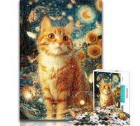 1000 Piece Jigsaw Night Sky Style Orange Cat Puzzles for Adults And Teenagers,Stress Reliever Difficult Challenge Enhance Love between Couples 50x75cm