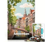 1000 Piece Jigsaw Puzzle Amsterdam Netherlands Canal Cityscape Illustration Precise Cut Art Brain Boosting Play Leisure Time Fun Xmas Decor Gift (38x52cm)