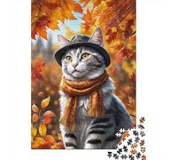 1000 Piece Jigsaw Puzzle, Autumn Cat in Hat, 38x26cm/1000pcs, for Adults, Family Activity, Time Around The Table And Weekend Downtime