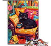 1000-Piece Jigsaw Puzzle Black Cat Drinking Coffee Challenging Puzzles 26X38CM Educational Activity for Cognitive Skills Cognitive Skill Improvement