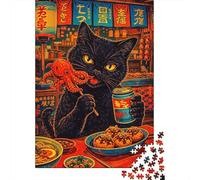 1000 Piece Jigsaw Puzzle, Black Cat Eating Octopus And Drinking Soda, 52x38cm/1000pcs, for Adults, Relaxing Winter Hobby, Weekend Downtime And Time at Home