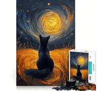 1000 Piece Jigsaw Puzzle Black Cat Gazing at Swirling Sky Sharp Cut Art Logic Thinking Play Chill Time Play Birthday Fun Gift (38x26cm)