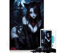 1000 Piece Jigsaw Puzzle Black Cat Girl in Gothic Setting Fine Edge Craft Brain Skill Play Relax Game Play Christmas Art Gift (38x26cm)