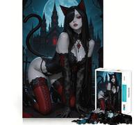 1000 Piece Jigsaw Puzzle Black Cat Girl in Gothic Setting Sharp Cut Art Logic Thinking Play Chill Time Play Birthday Fun Gift (38x52cm)