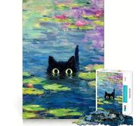 1000 Piece Jigsaw Puzzle Black Cat in Lily Pond Painting Accurate Cut Art, Mind Game Gift, Easy Play Game, Birthday Fun Gift (50x75cm)