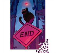 1000 Piece Jigsaw Puzzle, Black Cat on End Sign, 38x26cm/1000pcs, for Adults, Relaxing Winter Hobby, Weekend Downtime And Cosy Evenings