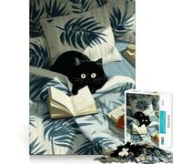 1000 Piece Jigsaw Puzzle Black Cat Reading in Bed Tight Fit Piece, Creative Fun Toy, Cozy Fun Time, Birthday Decor Gift (50x75cm)