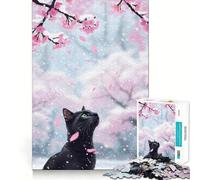 1000 Piece Jigsaw Puzzle Black Cat Under Cherry Blossom Snow Accurate Cut Art, Mind Game Gift, Easy Play Game, Birthday Fun Gift (50x75cm)