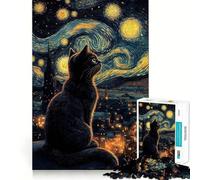 1000 Piece Jigsaw Puzzle Black Cat Under Starry Night Accurate Cut Art, Mind Game Gift, Easy Play Game, Birthday Fun Gift (50x75cm)