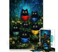 1000 Piece Jigsaw Puzzle Black Cats in Teacups Painting Tight Fit Piece, Creative Fun Toy, Cozy Fun Time, Birthday Decor Gift (38x52cm)