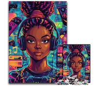 1000 Piece Jigsaw Puzzle Black Girl Listening to Music Wooden Puzzles Stress Reliever Staycation Kill Time, A Work of Art for And Age 14 50X75CM
