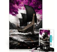 1000 Piece Jigsaw Puzzle Black Viking Ship on Stormy Sea Tight Fit Piece, Creative Fun Toy, Cozy Fun Time, Birthday Decor Gift (50x75cm)