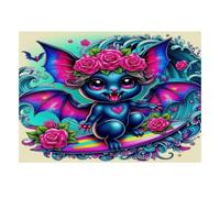1000 Piece Jigsaw Puzzle, Blue Bat with Pink Roses and Colourful Wings | 52x38cm Whimsical fantasy character, Turquoise wave details, Vivid pink and blue palette, Creative tabletop activity,