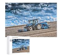 1000 Piece Jigsaw Puzzle, Blue Tractor Cultivating Field Under Cloudy S