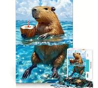 1000 Piece Jigsaw Puzzle Capybara Enjoying A Coconut Drink in Ocean Neat Edge Decor Problem Solve Fun Easy Time Fun Xmas Decor Gift (38x26cm)