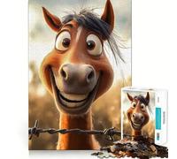 1000 Piece Jigsaw Puzzle Cartoon Horse Smiling Behind Barbed Wire Fine Edge Craft Brain Skill Play Relax Game Play Christmas Art Gift (38x52cm)