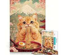 1000 Piece Jigsaw Puzzle Cat Eating Ramen with Mount Fuji Sharp Cut Art Logic Thinking Play Chill Time Play Birthday Fun Gift (38x26cm)