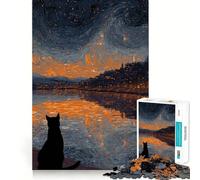 1000 Piece Jigsaw Puzzle Cat Gazing at Starry Night City Fine Edge Craft Brain Skill Play Relax Game Play Christmas Art Gift (50x75cm)