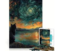1000 Piece Jigsaw Puzzle Cat Gazing at Starry Sky Neat Edge Decor Problem Solve Fun Easy Time Fun Xmas Decor Gift (50x75cm)