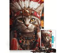 1000 Piece Jigsaw Puzzle Cat In Native American Headdress Fine Edge Craft Brain Skill Play Relax Game Play Christmas Art Gift (38x26cm)