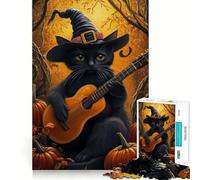 1000 Piece Jigsaw Puzzle Cat in Witch Hat with Guitar Flawless Fit Art Brain Boosting Play Rest Time Play Christmas Wall Art (38x52cm)