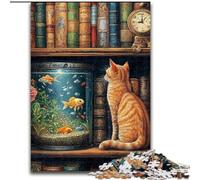 1000-Piece Jigsaw Puzzle Cat on The Bookshelf Wooden Jigsaw 50X75CM Perfect for Family Fun, Party Games, Birthday Party Favors
