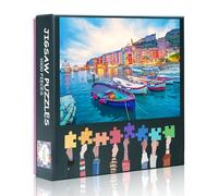 1000 Piece Jigsaw Puzzle - Colorful Houses and Boats in Porto Venero,20 x28 inch Complex Artwork Parlour Games,Italy Liguria Mystic Landscape of The Harbor Puzzles