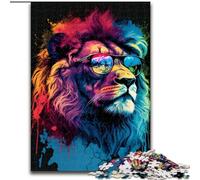 1000 Piece Jigsaw Puzzle Colourful Lion with Glasses Made of Wood, Perfect Home Or Office Decor, Ideal 50x75cm DIY Art Decor