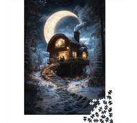1000 Piece Jigsaw Puzzle, Cozy Cabin Under Crescent Moon, 38x26cm/1000pcs, for Adults, Relaxing Winter Hobby, Weekend Downtime And Time at Home