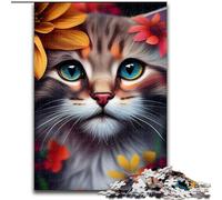 1000 Piece Jigsaw Puzzle Cute Cat Face Flowers Made of Wood, Idea, Humorous Artwork, Detailed Artwork 50x75cm An for Christmas Or Birthdays