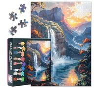 1000 Piece Jigsaw Puzzle for Adults, 1000 Piece Jigsaw Puzzle for Adults - Mountain Landscape with Spectacular Waterfall at Sunset Nature Wall Decoration - 70x50cm