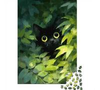 1000 Piece Jigsaw Puzzle for Adults, 38x26cm/1000pcs, Black Cat Peeking Through Green Leaves, Shared Puzzle Activity, Time Around The Table And Time Together