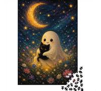 1000 Piece Jigsaw Puzzle for Adults, 38x26cm/1000pcs, Cute Ghost Hugging Black Cat Under Moon, Relaxing Winter Hobby, Focused Screen-Free Time And Time at Home