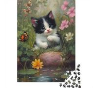 1000 Piece Jigsaw Puzzle for Adults, 38x26cm/1000pcs, Cute Kitten in A Garden with Butterflies, Shared Puzzle Activity, Time Around The Table And Time Together
