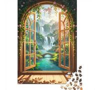 1000 Piece Jigsaw Puzzle for Adults, 38x26cm/1000pcs, Open Window View of Waterfall Landscape, Thoughtful Gift Idea, Winter Home Activity And Time at Home